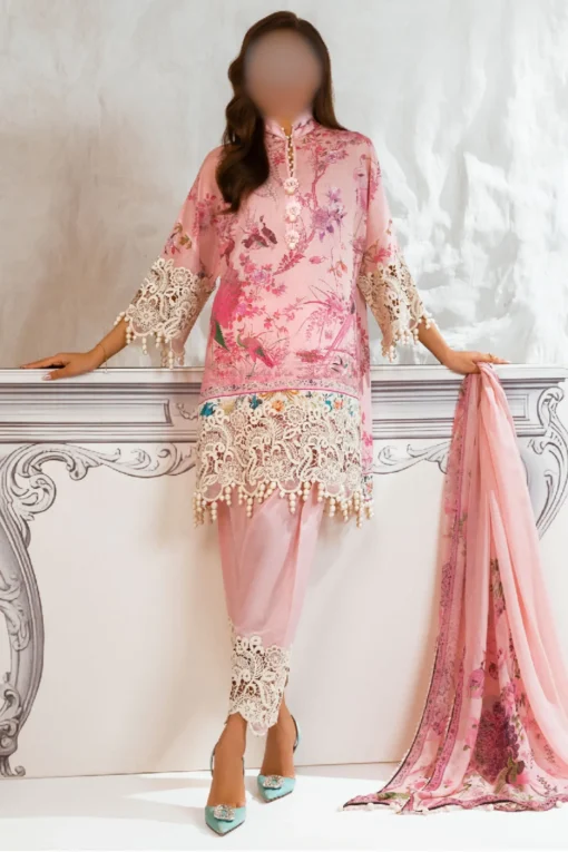 Pink Lawn dress with print & embroidered patches | muzlin 4A