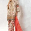 sana safinaz's women beige and orange printed lawn dress with embroidered details | muzlin 5A 2024