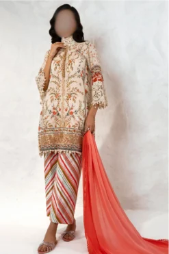 sana safinaz's women beige and orange printed lawn dress with embroidered details | muzlin 5A 2024