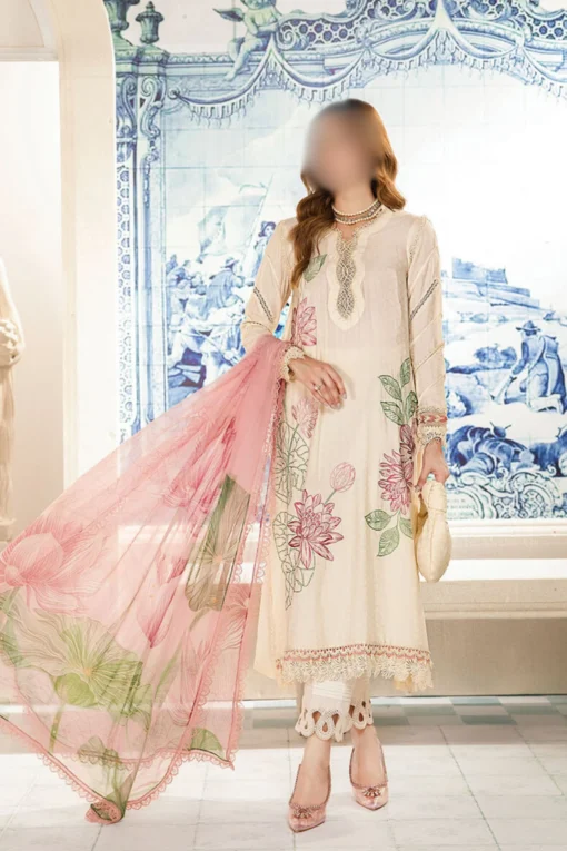 Off-white Sequins & Thread intricate Embroidery Dobby Lawn Dress by Maria b 2024