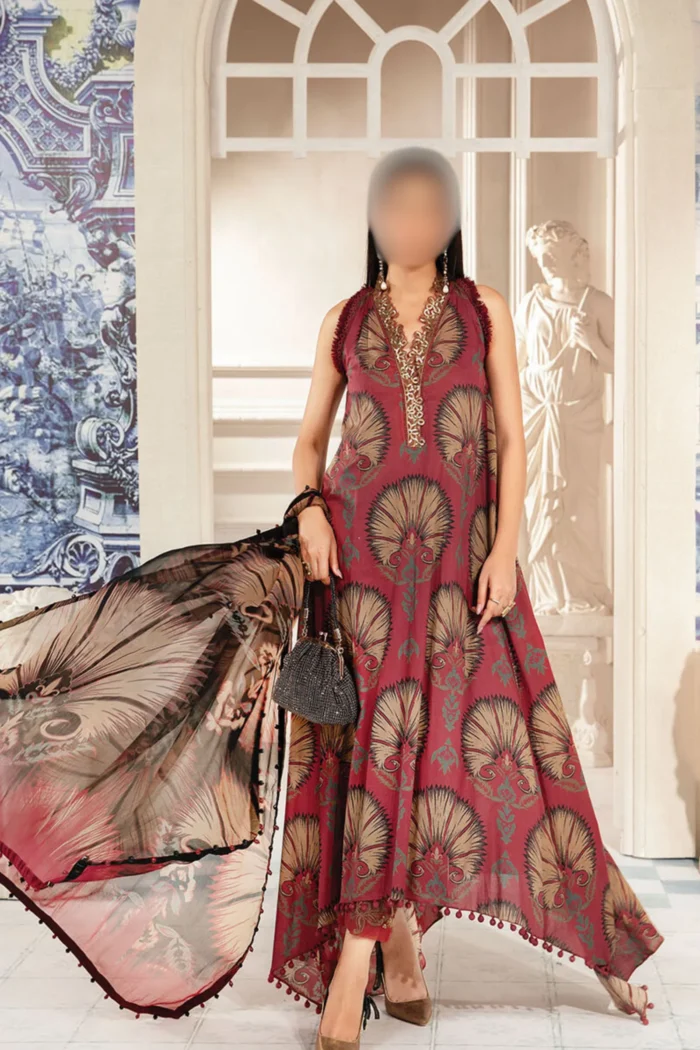 Maria b Maroon, Printed lawn suit with embroidered details and chiffon dupatta | M Print 2024