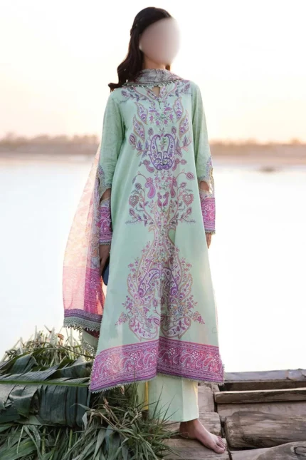M.Basic-10A | Green Stitched Lawn Anarkali with Embroidered Organza Sleeves