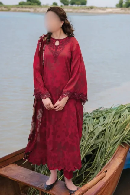 M.Basic-11A | Elegant Red Lawn Outfit: Shirt, Trousers, and Dupatta