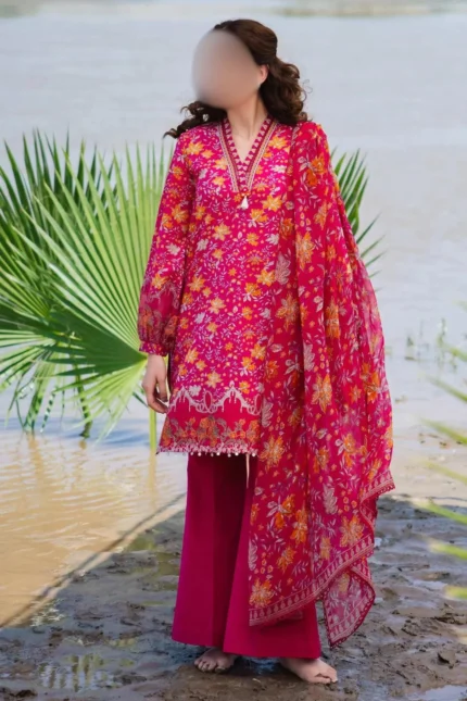 M.Basic-9A | Printed Pink Lawn Dress with Tilla Embroidered Details