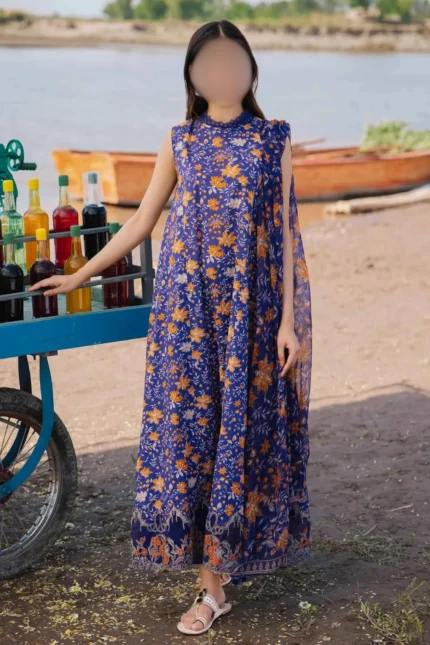M.Basic-9B | Daily-Use Blue Stitched Lawn Anarkali with Tilla Embroidered Patti