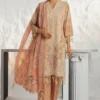 Embroidered lawn shirt with 3D floral details, printed chiffon dupatta, and dyed cotton pants; features embroidered neck, organza daman kufuls, and borders for a refined, elegant look.