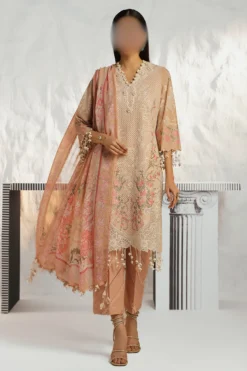 Embroidered lawn shirt with 3D floral details, printed chiffon dupatta, and dyed cotton pants; features embroidered neck, organza daman kufuls, and borders for a refined, elegant look.