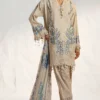 Women's embroidered lawn shirt with 3D organza flowers, printed chiffon dupatta, and dyed cotton pants; features embroidered neck and daman kufuls for an elegant, traditional look.