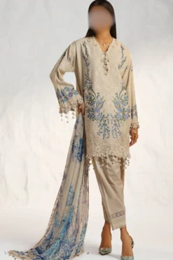 Women's embroidered lawn shirt with 3D organza flowers, printed chiffon dupatta, and dyed cotton pants; features embroidered neck and daman kufuls for an elegant, traditional look.