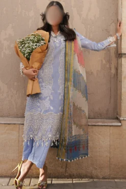 Chic embroidered chambray shirt with 3D floral details, accompanied by a digital printed Mehsori dupatta and matching dyed cotton pants for a sophisticated style.