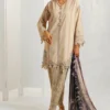 Elegant three-piece outfit featuring an embroidered lawn shirt with organza border, printed chiffon dupatta, and printed cotton trousers – perfect for a refined and traditional look.