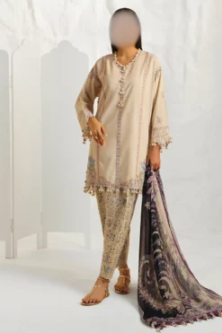 Elegant three-piece outfit featuring an embroidered lawn shirt with organza border, printed chiffon dupatta, and printed cotton trousers – perfect for a refined and traditional look.