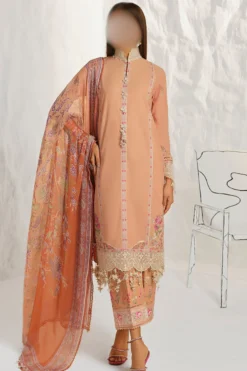 Classic embroidered lawn shirt with delicate organza border, paired with a flowing printed chiffon dupatta and soft printed cotton pants, offering elegance and comfort