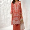 Stylish lawn outfit showcasing embroidered front kali with printed back and sleeves, paired with a cozy yarn dyed karandi dupatta and soft cotton pants