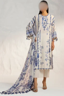 Traditional Pakistani lawn suit, embroidered front, printed back, chiffon dupatta, cotton trousers