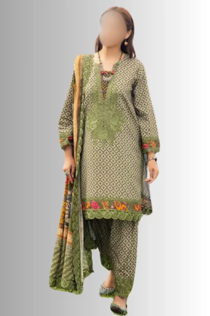 Stitched Embroidered Staple Suit Set with Printed Shawl and Trousers CH-08