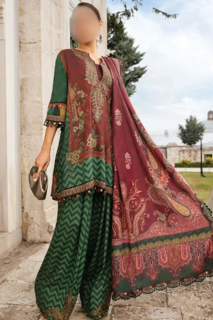 Maroon Linen Suit Set with Printed Shirt and Embroidered Details MPT-5B