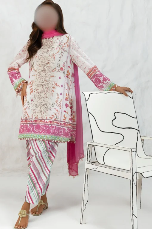 White and pink casual wear lawn dress