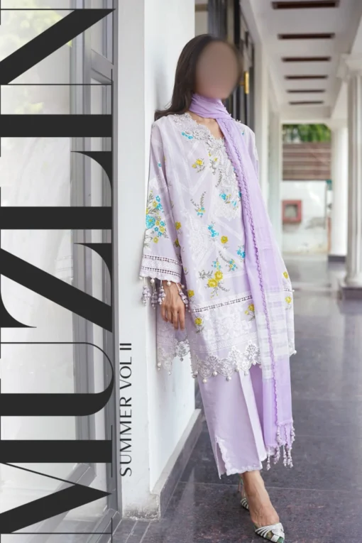 Lilac past printed lawn dress with thread embroidery patch