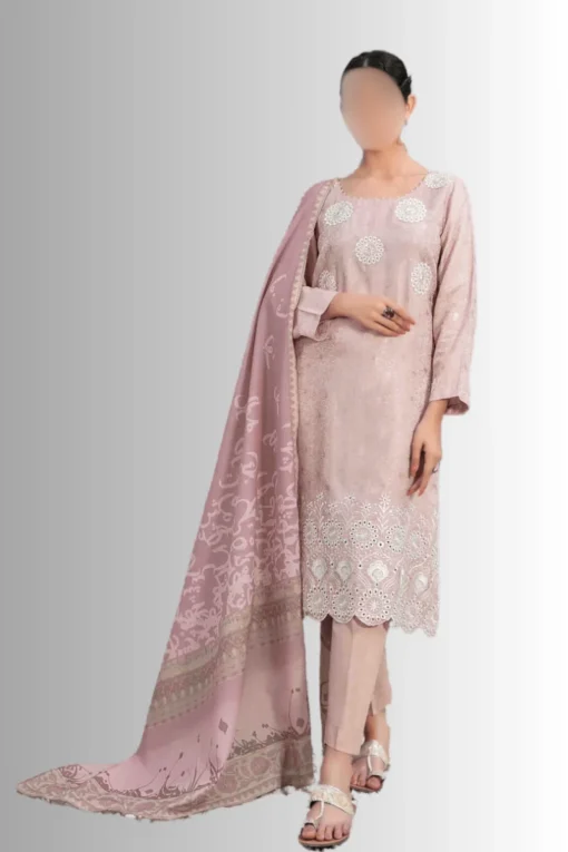 Tea-Pink Jacquard print soft viscose women's winter suit with print shawl