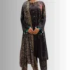 black casual women's linen 3-piece suit with digital print details