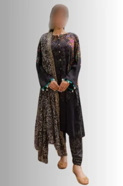 black casual women's linen 3-piece suit with digital print details