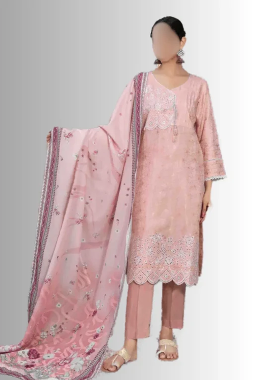 Tea-Pink women's casual wear modren jacquard suit with print dupatta