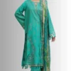 Teal-green jacquard linen suit with embroidery for casual or formal