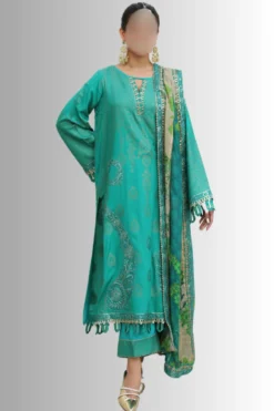 Teal-green jacquard linen suit with embroidery for casual or formal