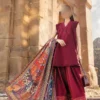 3-Piece Maroon, Unstitched, Embroidered linen Dress