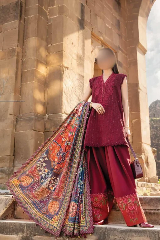 3-Piece Maroon, Unstitched, Embroidered linen Dress