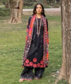 Charizma Stitched 3-Piece Black Lawn Suit – Bold Floral Print with Bright Orange & Pink Chiffon Dupatta | Ch-008