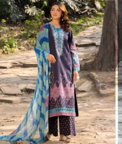 Charizma Lawn Collection– Plum 3-Piece with Embroidered Front & Blue Striped Chiffon Dupatta | Ch-0010