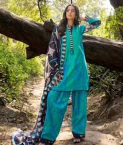 Charizma Stitched Lawn Set– Teal Blue 3-Pcs with Leaf Print & Navy Abstract Dupatta | Ch-007