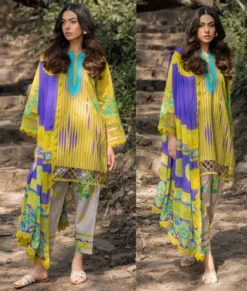Charizma Ready-to-Wear Lawn– Bright Yellow 3-Piece with Floral Print & Purple Chiffon Dupatta | Ch-006