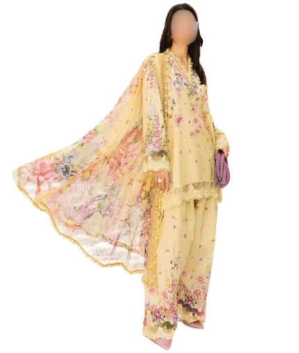 Bright lawn suit with printed trouser and matching chiffon dupatta