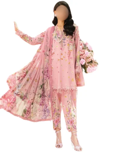 3-piece soft-tone floral lawn suit with printed trouser and chiffon dupatta