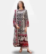 Black & Beige Embroidered Lawn Suit with Floral Design & Printed Dupatta
