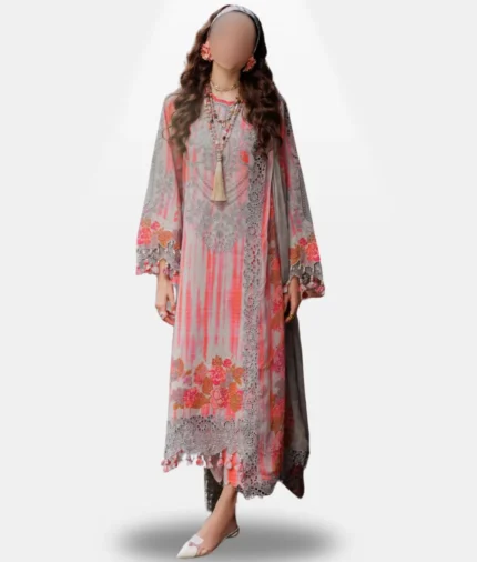 Soft Coral Floral Embroidered 3 Piece Lawn Suit with Elegant Printed Chiffon Dupatta