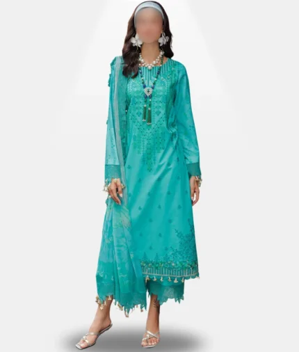 Turquoise Floral Embroidered Lawn Suit with Elegant Chiffon Dupatta