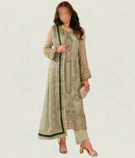 Elegant Light Green Embroidered Chiffon Outfit with Gold Detailing