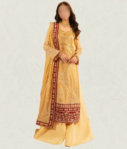Golden Yellow Embroidered Chiffon Outfit with Intricate Threadwork and Burgundy Border Detailing