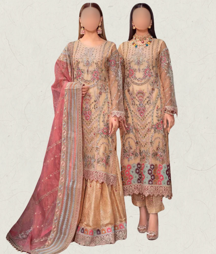 1RMW-01 Peach hand-made beads Embroidered Net Dress with pink dupatta, jamawar trousers