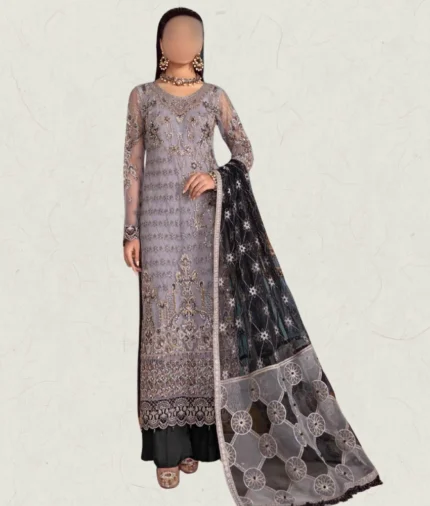 Grey hand-made Beads embroidered long length net dress with black dupatta