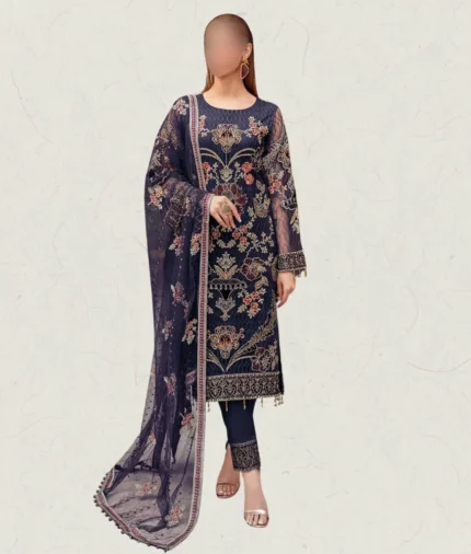 blue beads floral embroidered net wedding dress with net dupatta, plain trousers