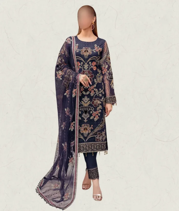 blue beads floral embroidered net wedding dress with net dupatta, plain trousers