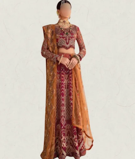 Maroon lehenga with luxury pearl hand-made embroidery work and orange net dupatta