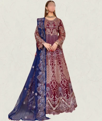 Maroon & Blue hand made embroidery lahnga