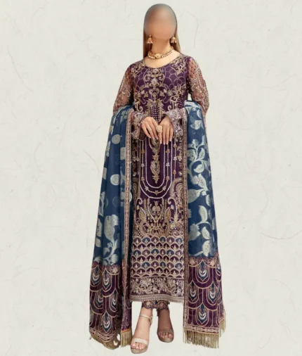 Pearls Embroidered Net Long Length Net dress with blue Dupatta and plain Trouser