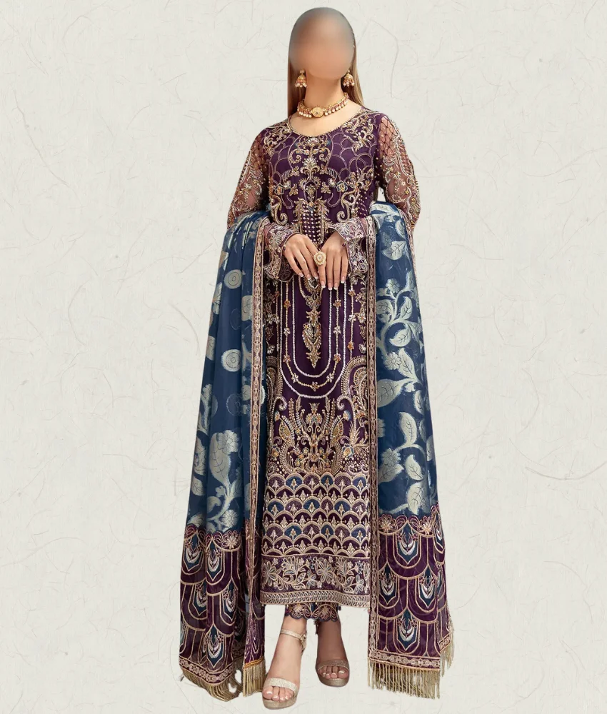 1RMW-06 Pearls Embroidered Net Long Length Net dress with blue Dupatta and plain Trouser
